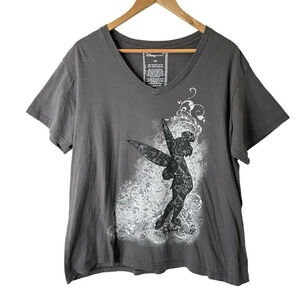 Disney Tinker Bell Grey Graphic T-Shirt Sz XXL Organic Cotton Fairy Lace Overlay